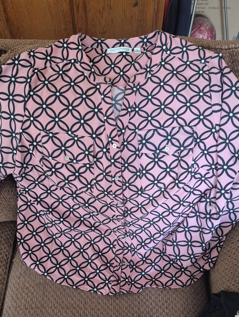 Notations Beautiful Pink and Black Geometric Button-Down Blouse